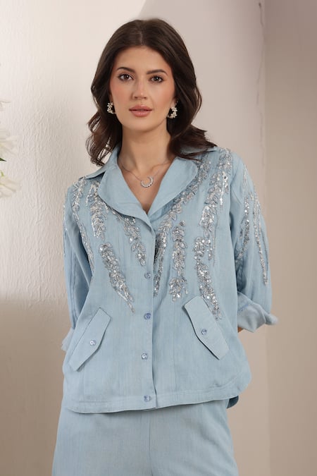 Saaj By Ankita_Blue Embroidery, Sequins Collared Mirage Chambray Co-ord Set _at_Aza_Fashions