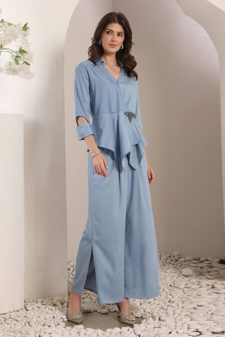 Saaj By Ankita_Sky Blue Denim Brooches Collared Soft Pant Set _Online_at_Aza_Fashions