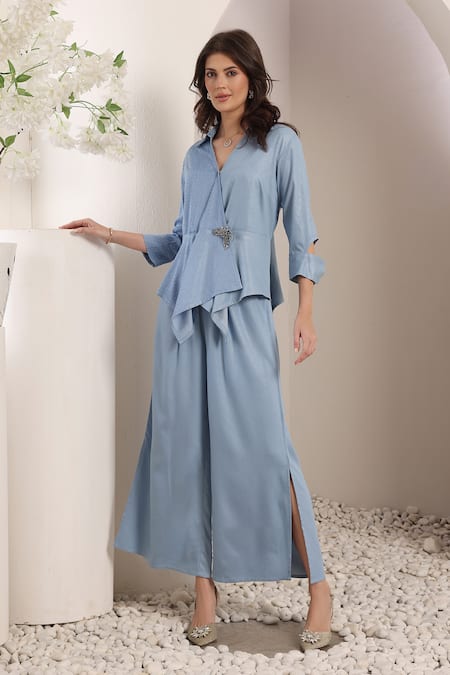 Buy_Saaj By Ankita_Sky Blue Denim Brooches Collared Soft Pant Set _Online_at_Aza_Fashions