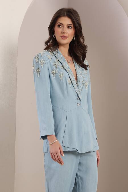 Saaj By Ankita_Blue Beads Light Cloudburst Blazer Set _Online_at_Aza_Fashions
