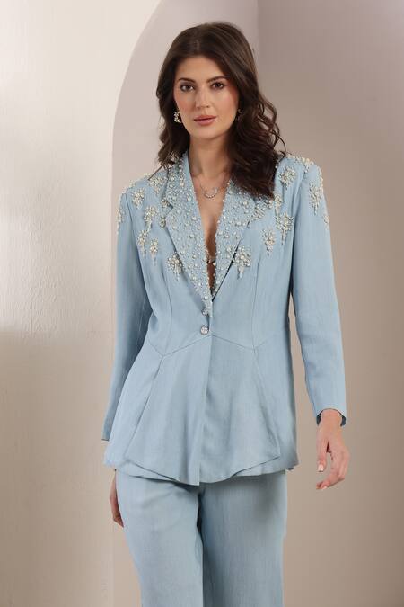 Buy_Saaj By Ankita_Blue Beads Light Cloudburst Blazer Set _Online_at_Aza_Fashions