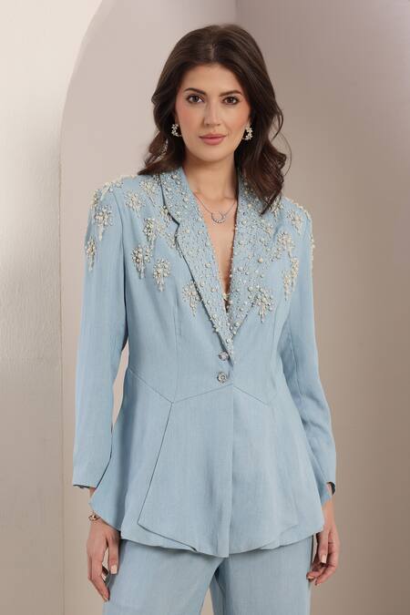 Saaj By Ankita_Blue Beads Light Cloudburst Blazer Set _at_Aza_Fashions