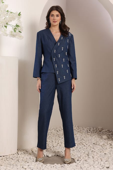 Saaj By Ankita_Blue Embroidery Mirage Blazer Set _Online_at_Aza_Fashions