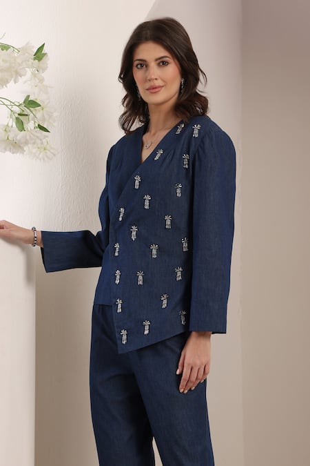 Buy_Saaj By Ankita_Blue Embroidery Mirage Blazer Set _Online_at_Aza_Fashions