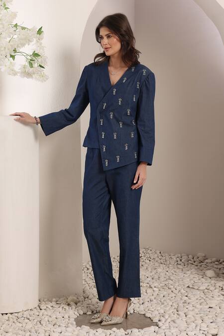 Shop_Saaj By Ankita_Blue Embroidery Mirage Blazer Set _Online_at_Aza_Fashions