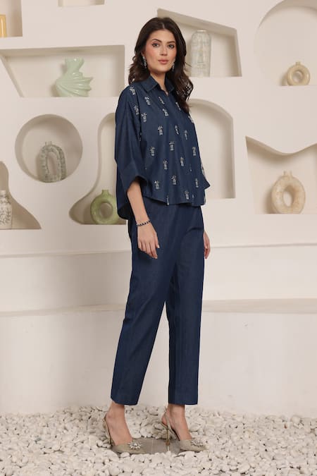 Saaj By Ankita_Blue Embroidery Collared Indigo Frost Co-ord Set _Online_at_Aza_Fashions