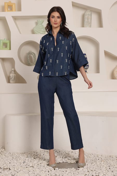 Buy_Saaj By Ankita_Blue Embroidery Collared Indigo Frost Co-ord Set _Online_at_Aza_Fashions