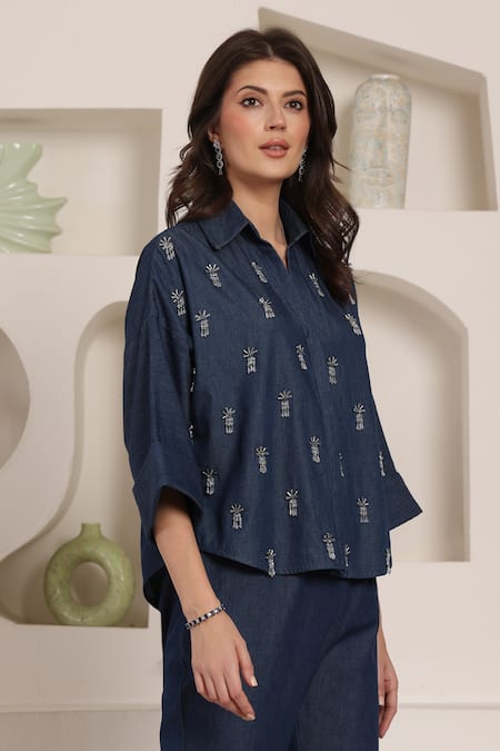 Shop_Saaj By Ankita_Blue Embroidery Collared Indigo Frost Co-ord Set _Online_at_Aza_Fashions