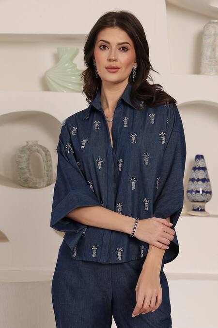 Saaj By Ankita_Blue Embroidery Collared Indigo Frost Co-ord Set _at_Aza_Fashions