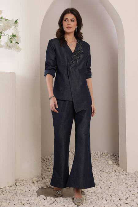 Saaj By Ankita_Navy Lurex, Denim Embroidery Indigo Eclipse Blazer And Pant Set _Online_at_Aza_Fashions