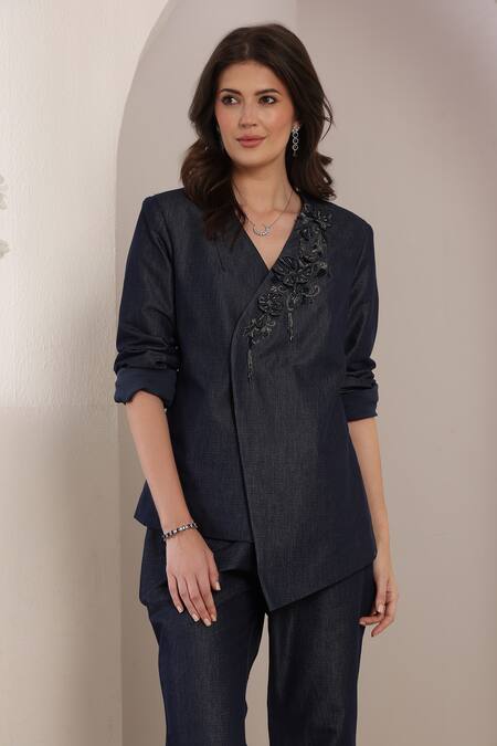 Buy_Saaj By Ankita_Navy Lurex, Denim Embroidery Indigo Eclipse Blazer And Pant Set _Online_at_Aza_Fashions