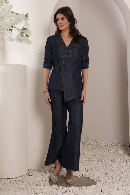 Shop_Saaj By Ankita_Navy Lurex, Denim Embroidery Indigo Eclipse Blazer And Pant Set _Online_at_Aza_Fashions