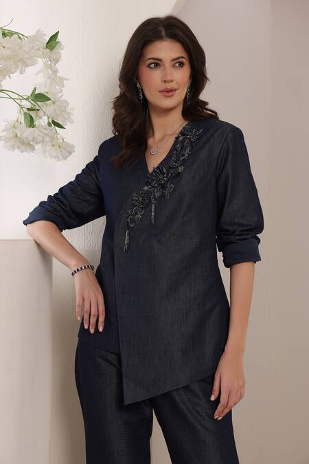 Saaj By Ankita_Navy Lurex, Denim Embroidery Indigo Eclipse Blazer And Pant Set _at_Aza_Fashions