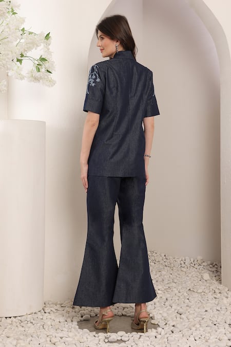 Saaj By Ankita Dark Blue Lurex Soft Denim Pant Set 