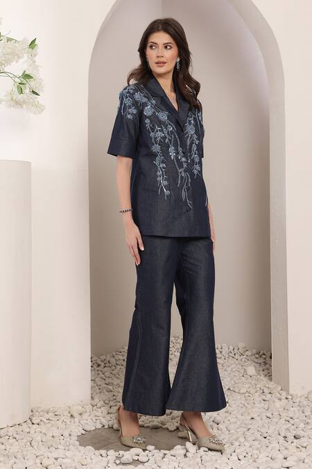 Saaj By Ankita_Blue Lurex, Denim Embroidery Dark Soft Pant Set _Online_at_Aza_Fashions