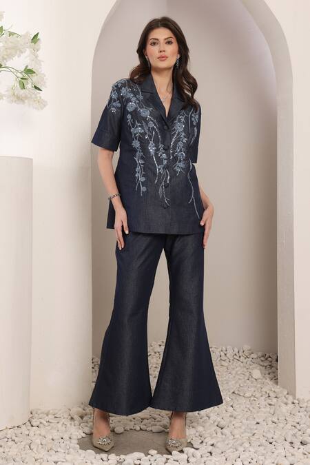 Buy_Saaj By Ankita_Blue Lurex, Denim Embroidery Dark Soft Pant Set _Online_at_Aza_Fashions