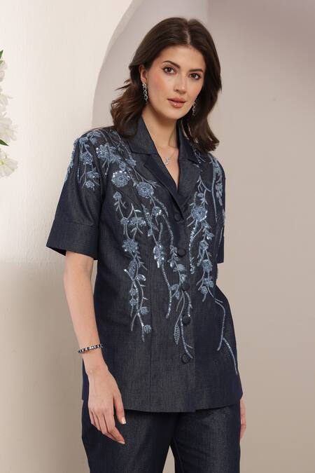 Shop_Saaj By Ankita_Blue Lurex, Denim Embroidery Dark Soft Pant Set _Online_at_Aza_Fashions