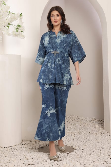Saaj By Ankita_Blue Denim Starstruck Tie-dye Pant Set _Online_at_Aza_Fashions