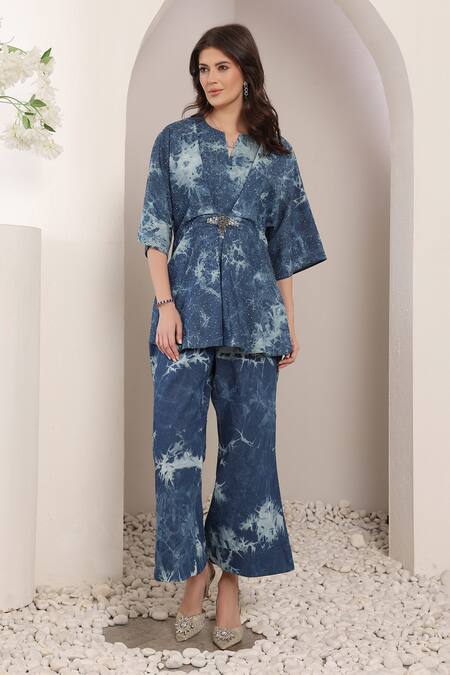 Buy_Saaj By Ankita_Blue Denim Starstruck Tie-dye Pant Set _Online_at_Aza_Fashions