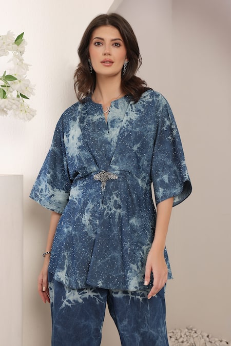 Saaj By Ankita_Blue Denim Starstruck Tie-dye Pant Set _at_Aza_Fashions