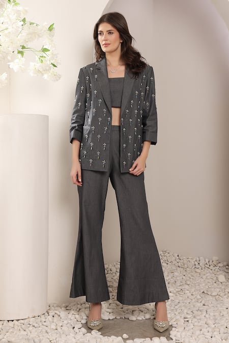 Buy_Saaj By Ankita_Gray Chiffon Beads, Embroidery Bandeau Neck Chambray Pant Set _Online_at_Aza_Fashions