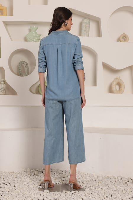 Saaj By Ankita Embroidered Chambray Shirt & Culottes Set 