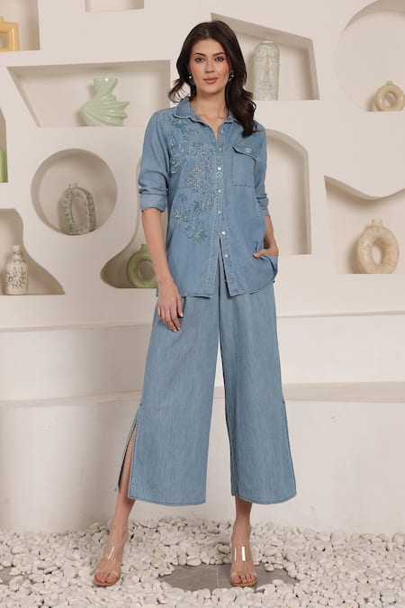 Saaj By Ankita_Blue Embroidery Collared Chambray Shirt And Culottes Set _Online_at_Aza_Fashions