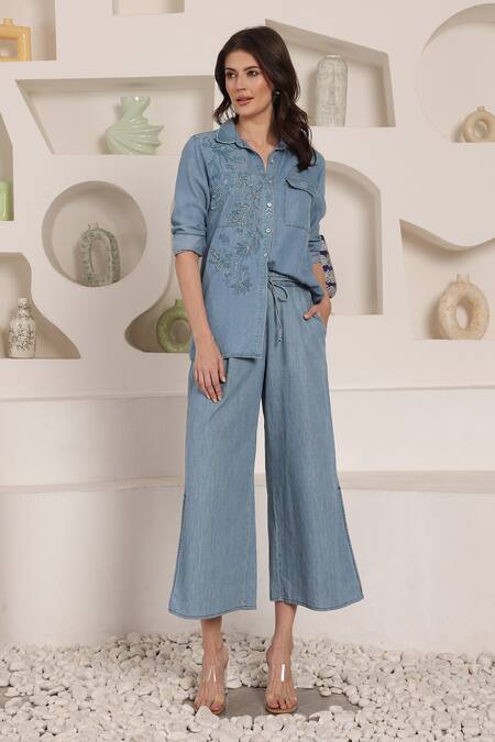 Buy_Saaj By Ankita_Blue Embroidery Collared Chambray Shirt And Culottes Set _Online_at_Aza_Fashions