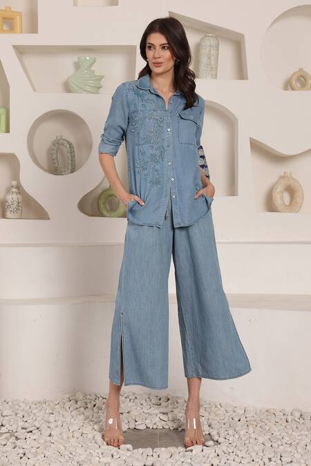 Shop_Saaj By Ankita_Blue Embroidery Collared Chambray Shirt And Culottes Set _Online_at_Aza_Fashions