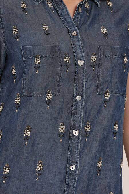 Shop_Saaj By Ankita_Blue Collared Embellished Chambray Short Dress _Online_at_Aza_Fashions