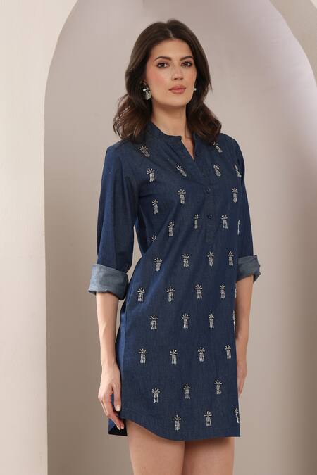 Saaj By Ankita_Blue Embroidery Collared Dark Chambray Dress _Online_at_Aza_Fashions