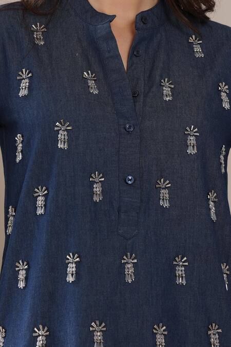 Saaj By Ankita_Blue Embroidery Collared Dark Chambray Dress _at_Aza_Fashions