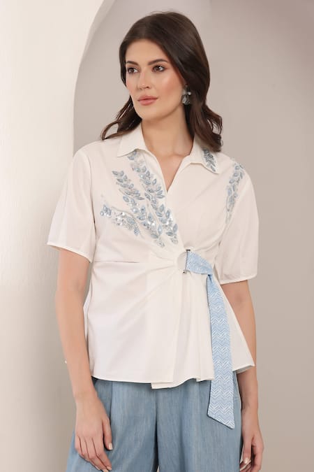 Saaj By Ankita_White Embroidery Collared Frost Fold Cotton Poplin Top _Online_at_Aza_Fashions