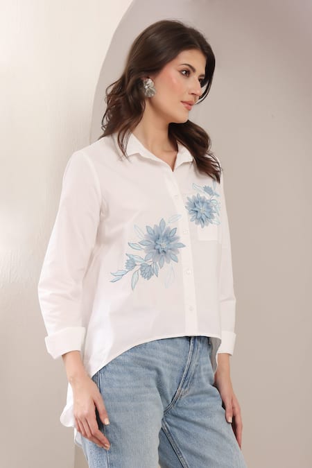 Saaj By Ankita_White Cotton Embroidery Collared Petal Script Shirt _Online_at_Aza_Fashions