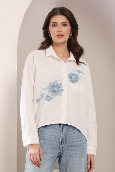 Buy_Saaj By Ankita_White Cotton Embroidery Collared Petal Script Shirt _Online_at_Aza_Fashions