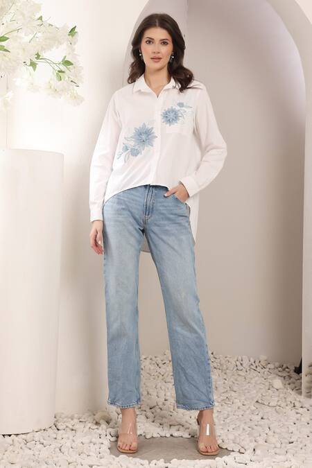 Shop_Saaj By Ankita_White Cotton Embroidery Collared Petal Script Shirt _Online_at_Aza_Fashions