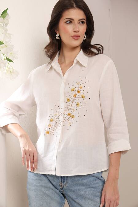 Saaj By Ankita_White Linen Embroidery Collared Sunspell Shirt _Online_at_Aza_Fashions
