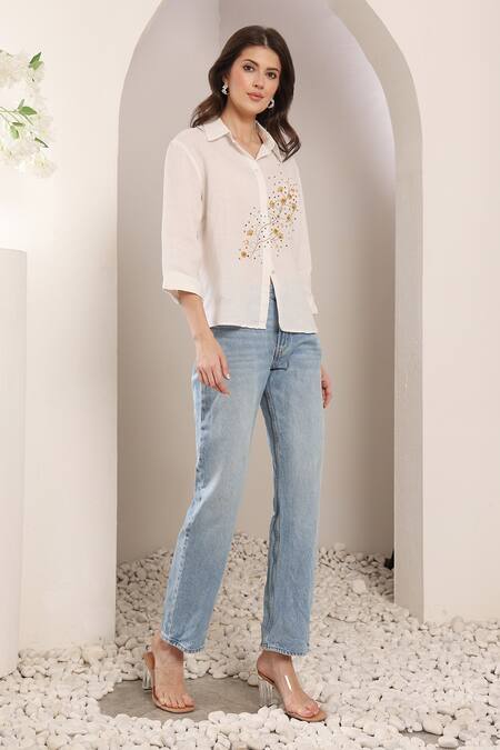 Buy_Saaj By Ankita_White Linen Embroidery Collared Sunspell Shirt _Online_at_Aza_Fashions