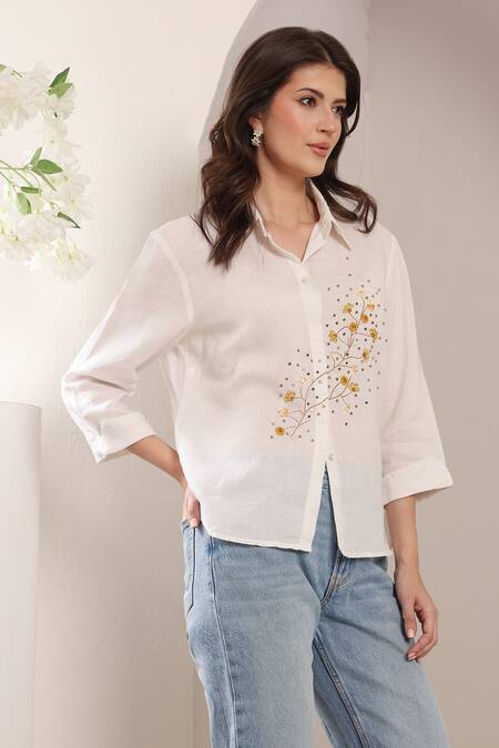 Shop_Saaj By Ankita_White Linen Embroidery Collared Sunspell Shirt _Online_at_Aza_Fashions