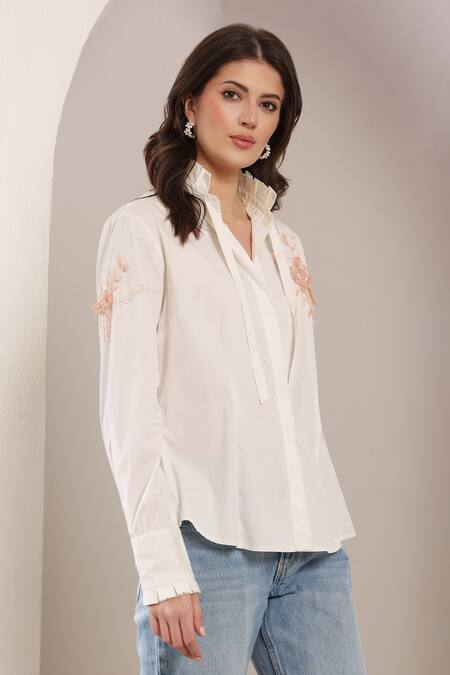 Saaj By Ankita_White Cotton Embroidery Collared Roseveil Shirt _Online_at_Aza_Fashions
