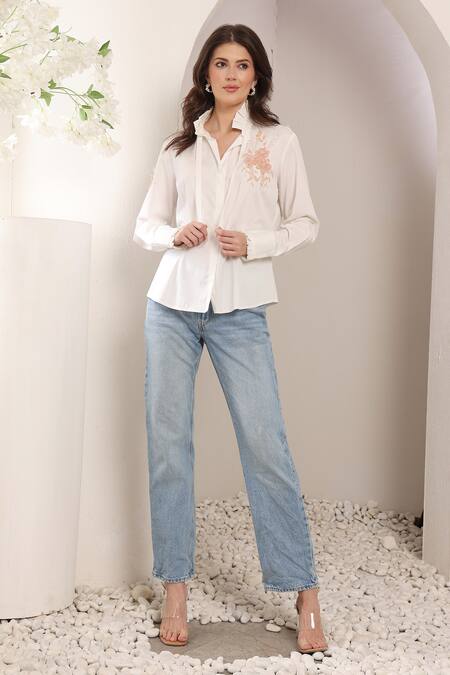 Shop_Saaj By Ankita_White Cotton Embroidery Collared Roseveil Shirt _Online_at_Aza_Fashions