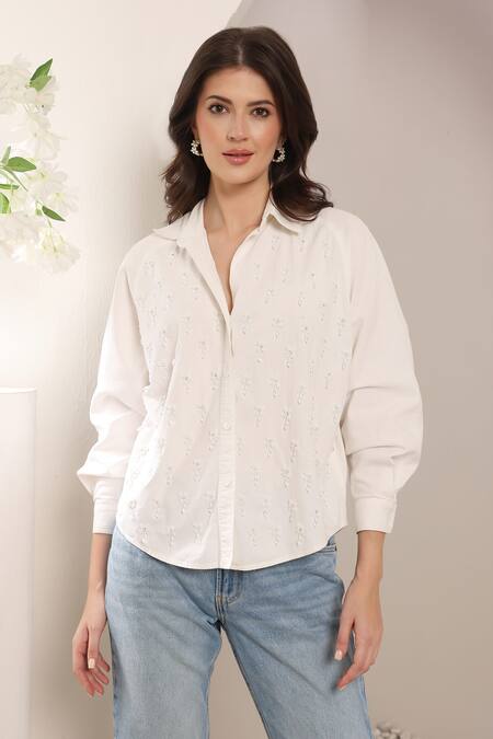 Buy_Saaj By Ankita_White Linen Embroidery Collared Frostbite Shirt _Online_at_Aza_Fashions