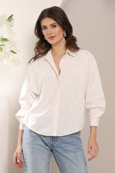 Shop_Saaj By Ankita_White Linen Embroidery Collared Frostbite Shirt _Online_at_Aza_Fashions