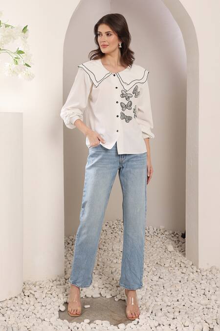 Buy Saaj By Ankita White Cotton Embroidery Round Neck Paperwings Shirt Online at Aza Fashions Buy_Saaj By Ankita_White Cotton Embroidery Round Neck Paperwings Shirt _Online_at_Aza_Fashions