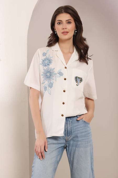 Saaj by Ankita White Cotton Embroidery Collared Floral Shirt 
