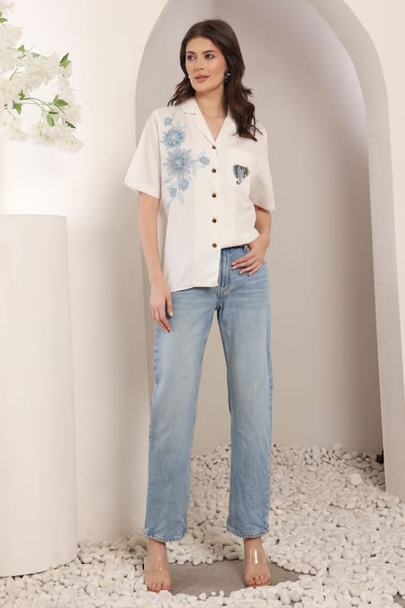 Saaj By Ankita_White Cotton Embroidery Collared Floral Shirt _Online_at_Aza_Fashions