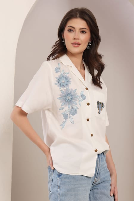 Buy_Saaj By Ankita_White Cotton Embroidery Collared Floral Shirt _Online_at_Aza_Fashions