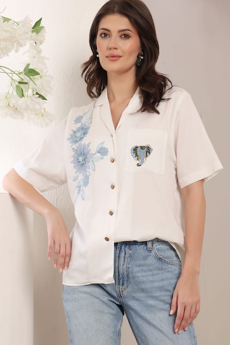 Saaj By Ankita_White Cotton Embroidery Collared Floral Shirt _at_Aza_Fashions