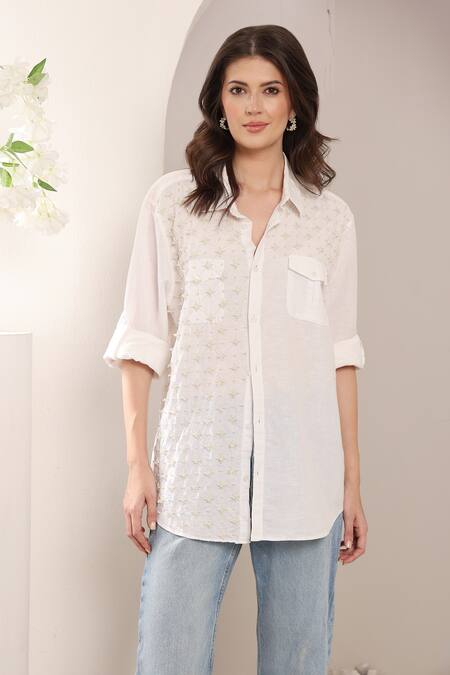 Buy_Saaj By Ankita_White Cotton Embroidery Collared Ivory Glint Shirt _Online_at_Aza_Fashions