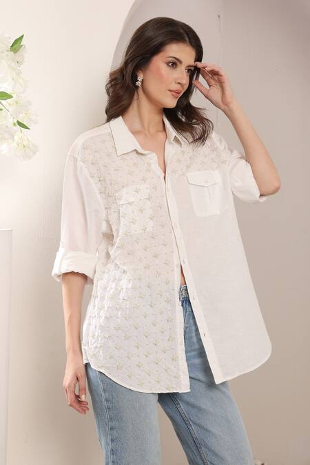 Shop_Saaj By Ankita_White Cotton Embroidery Collared Ivory Glint Shirt _Online_at_Aza_Fashions